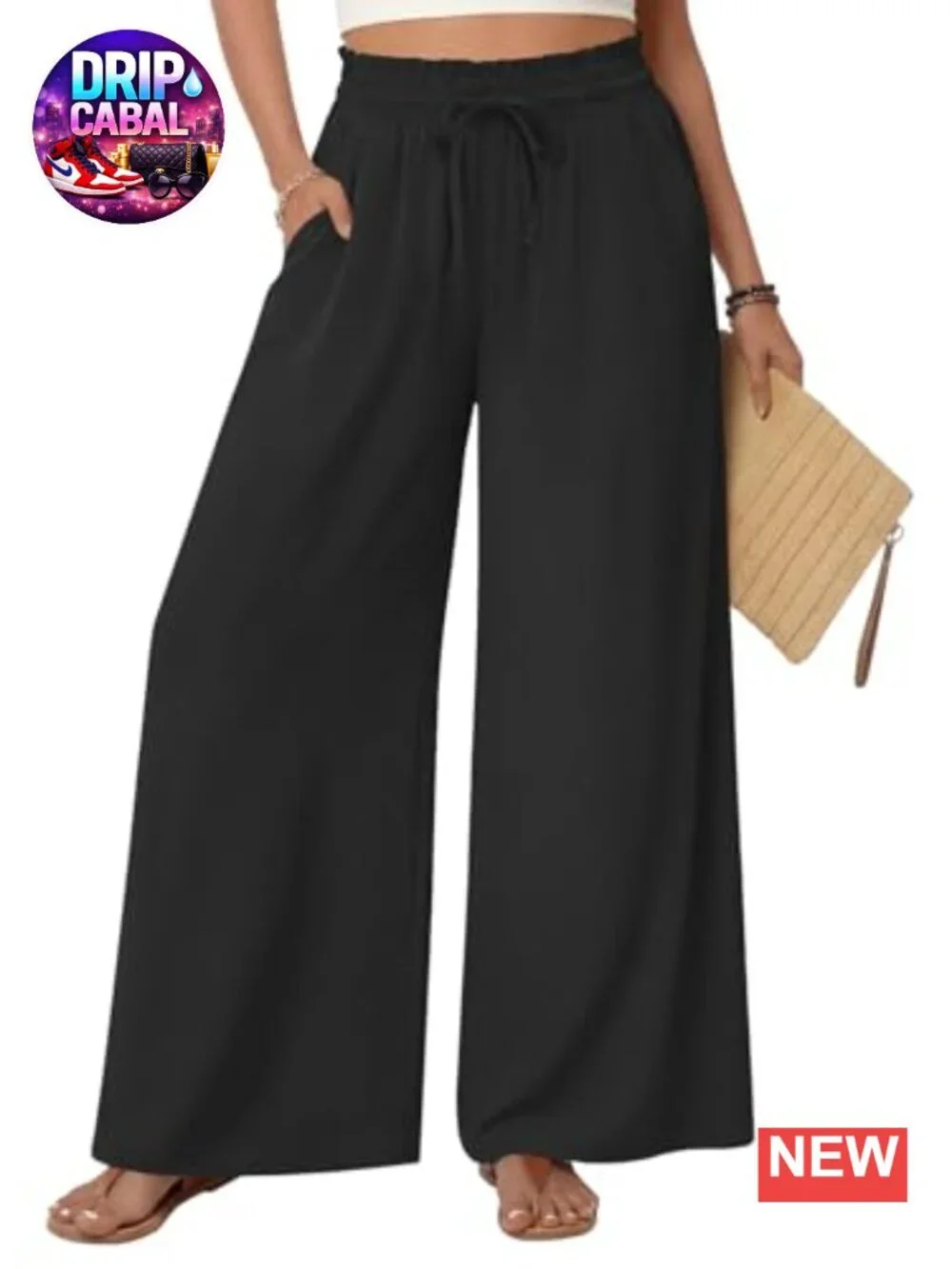 Flowy Wide Leg Palazzo Pants with Pockets, High Rise Drawstring Boho Trousers